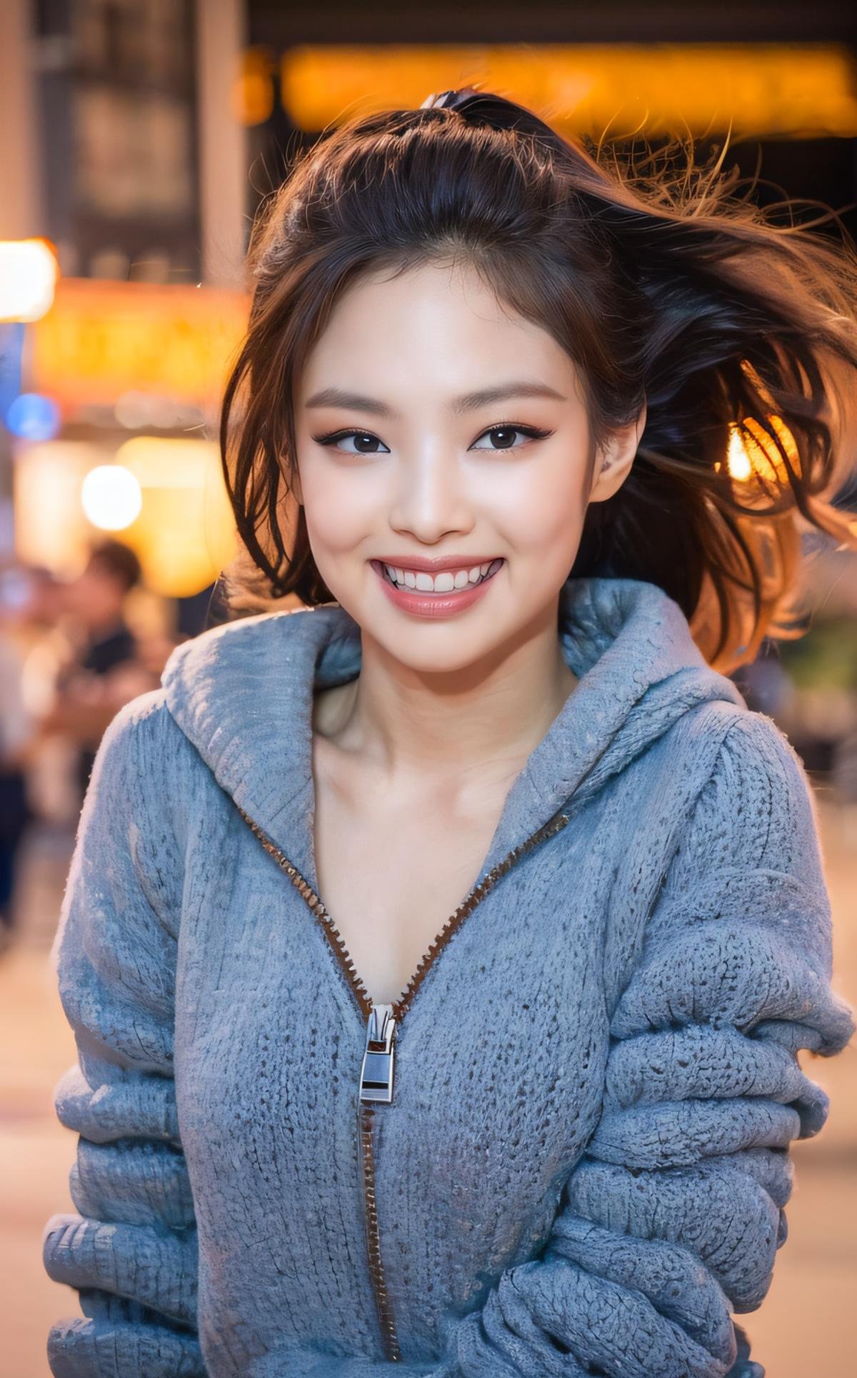 <lora:Jennie_V1:1> J€nn!e,, (smiling:1.2),  , (fullbody:1.2),  (realistic), (hyperrealism), (photorealistic:1.4), 1girl,,  looking at the viewer, eye makeup, detailed eyes, detailed face, (upper body:1.2), detailed background, walking at the streets, sunset, (windy:1.2)  z1pp3rsw3at3r,, sleeves past wrists, zipper sweater, Denim jeans   <lora:zoom_slider_v1:2>