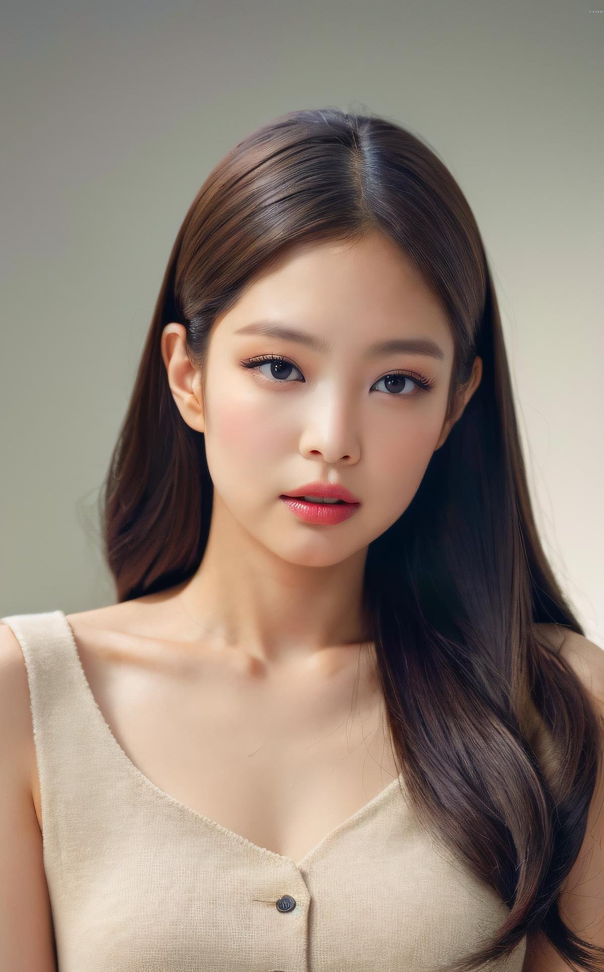 <lora:Jennie_V1:1> J€nn!e, Best quality, masterpiece, ultra high res, (photorealistic:1.4), raw photo,1girl, solo, realistic, (looking at viewer:1.2), upper body,simple gray background, white dress, long hair