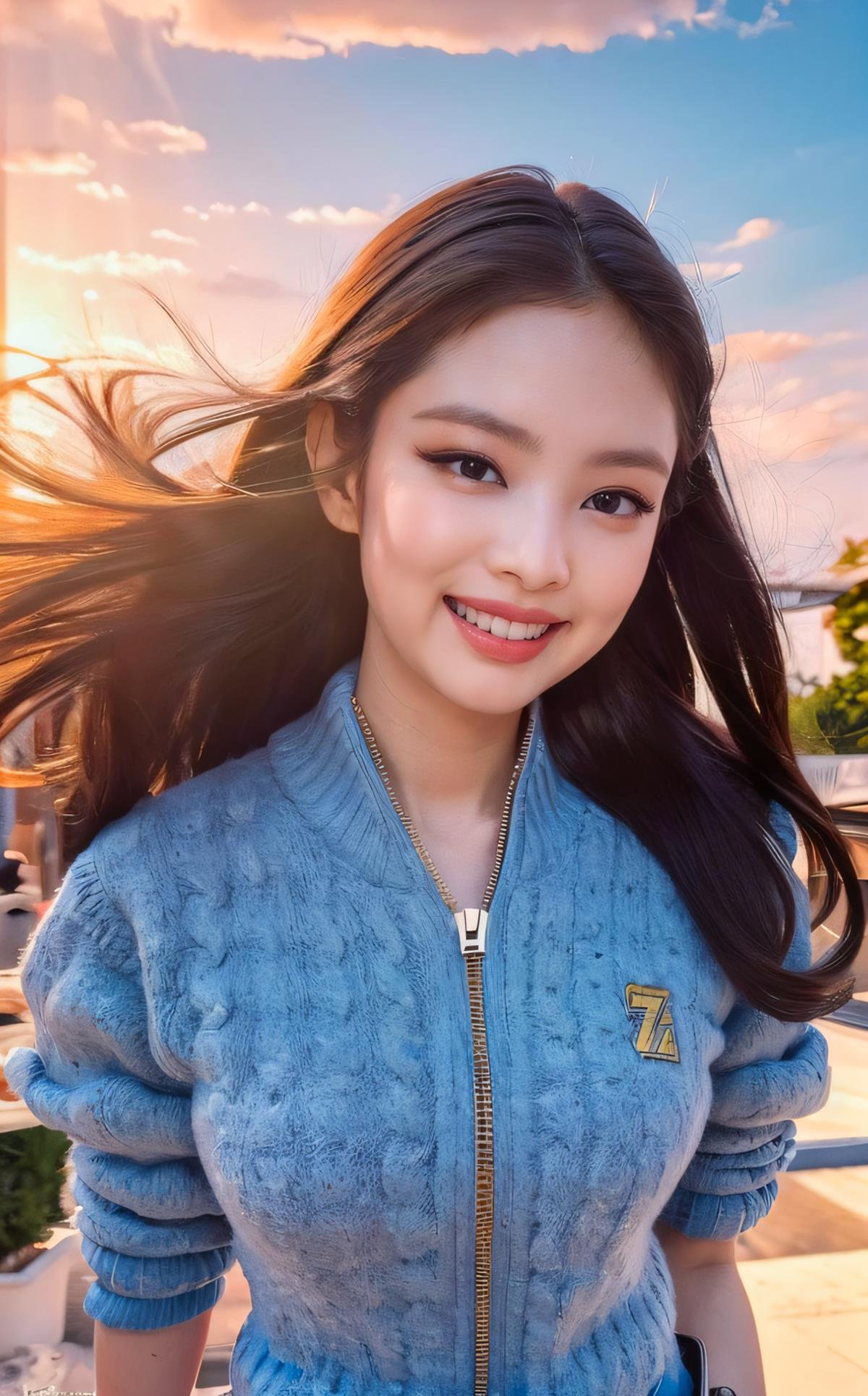 <lora:Jennie_V1:1> J€nn!e,, (smiling:1.2),  , (fullbody:1.2),  (realistic), (hyperrealism), (photorealistic:1.4), 1girl,,  looking at the viewer, eye makeup, detailed eyes, detailed face, (upper body:1.2), detailed background, walking at the streets, sunset, (windy:1.2)  z1pp3rsw3at3r,, sleeves past wrists, zipper sweater, Denim jeans   <lora:zoom_slider_v1:2>