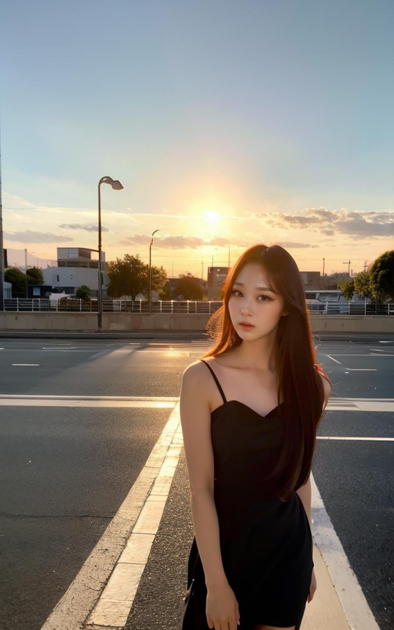 <lora:Giselle_V1:1> G!$ell€,, (realistic), (hyperrealism), (photorealistic:1.4), 1girl, looking at the viewer, eye makeup, detailed eyes, detailed face, (upper body:1.2), detailed background, black dress, walking at the streets, sunset, (windy:1.2)