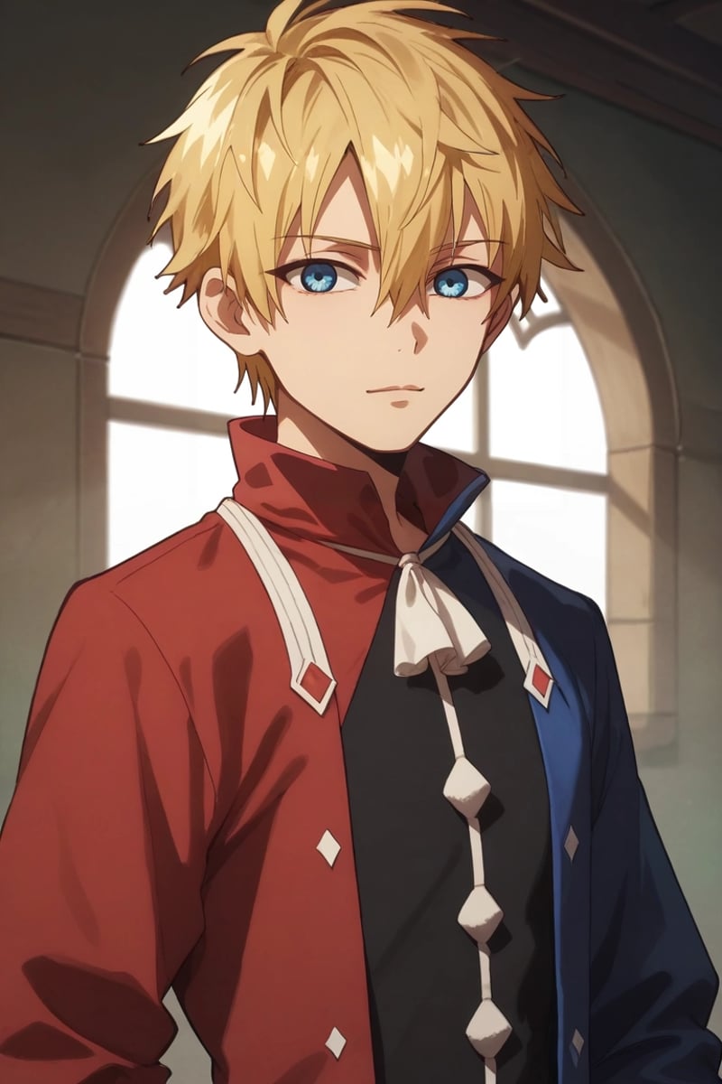 score_9, score_8_up, score_7_up, , rating_safe, , semi-realistic, , , 1boy, solo, male focus, <lora:teru_minamoto_pony:0.76>, teru_minamoto, blonde hair, blue eyes, short hair, bangs, hair between eyes, , jester costume, <lora:sdxl_lightning_8step_lora:1>