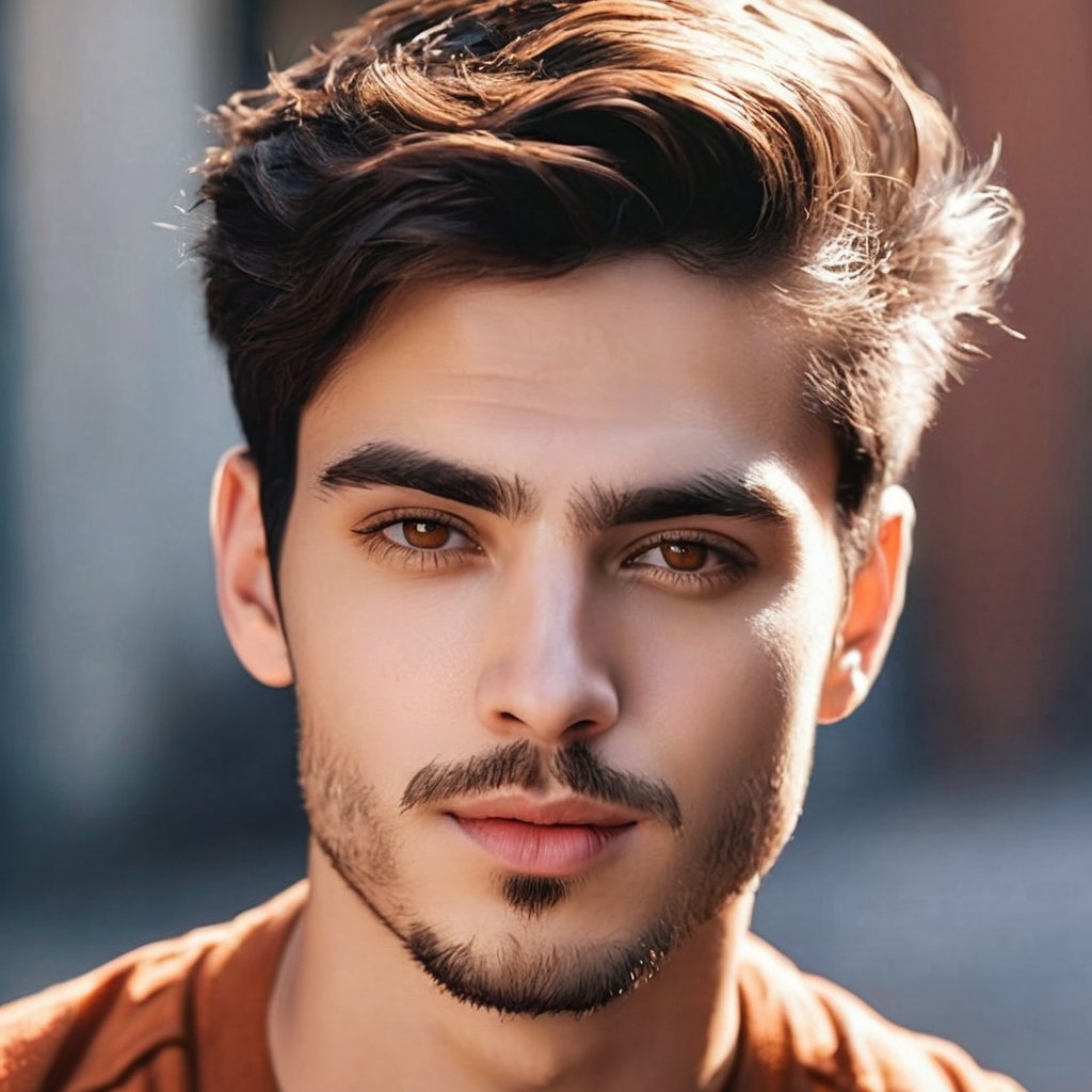 Ultra detailed, 8k quality, illustration, young handsome man, attractive face, 1boy, solo, short hair, looking at viewer, black hair, closed mouth, amber eyes, day light, light on face, ultra detailed skin, parted detailed lips, potrait, close-up, facial hair, beard, ultra realestic,Photo_Realistic