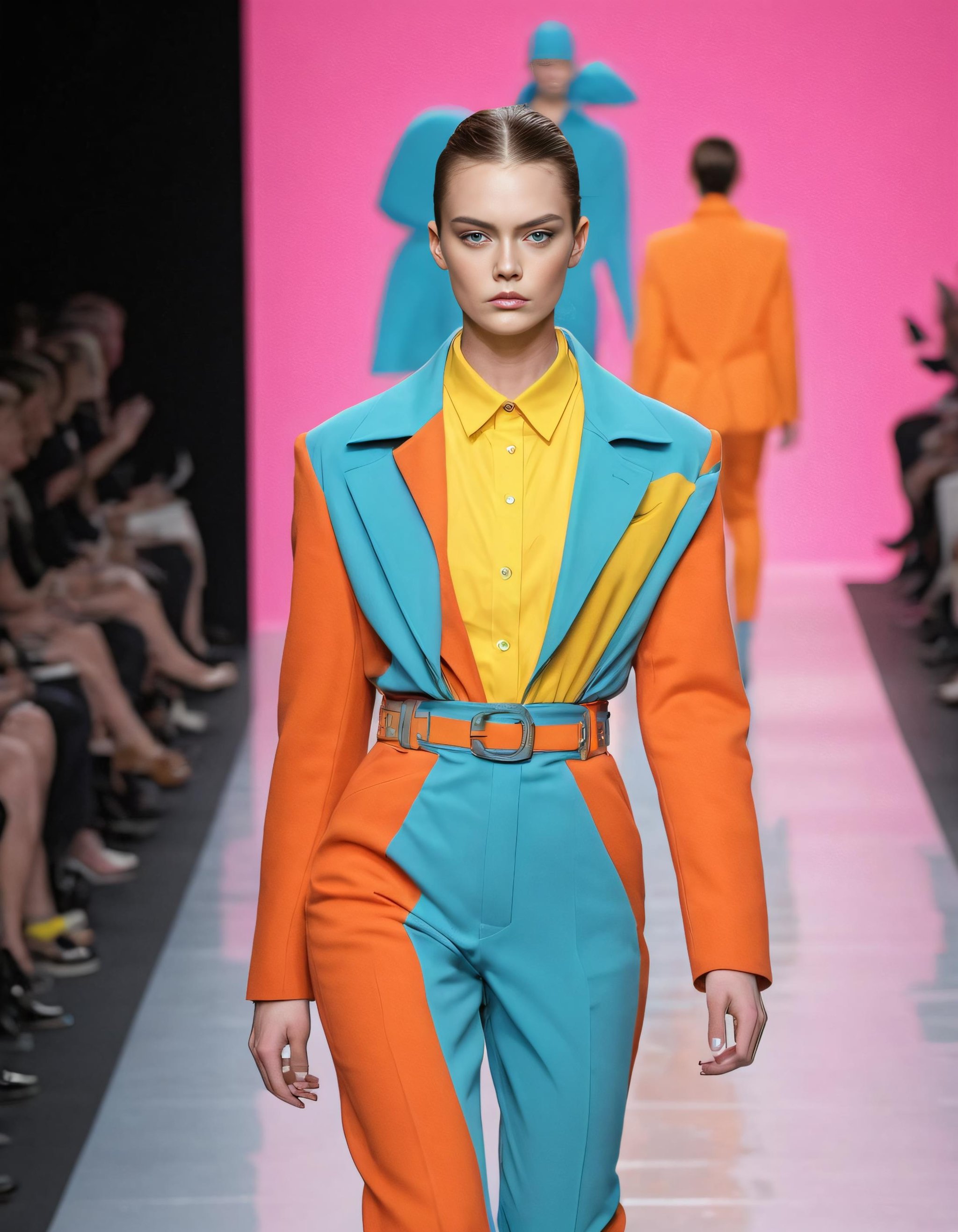 surreal clothes model on catwalk, crazy themes, aburd shapes, awful colors