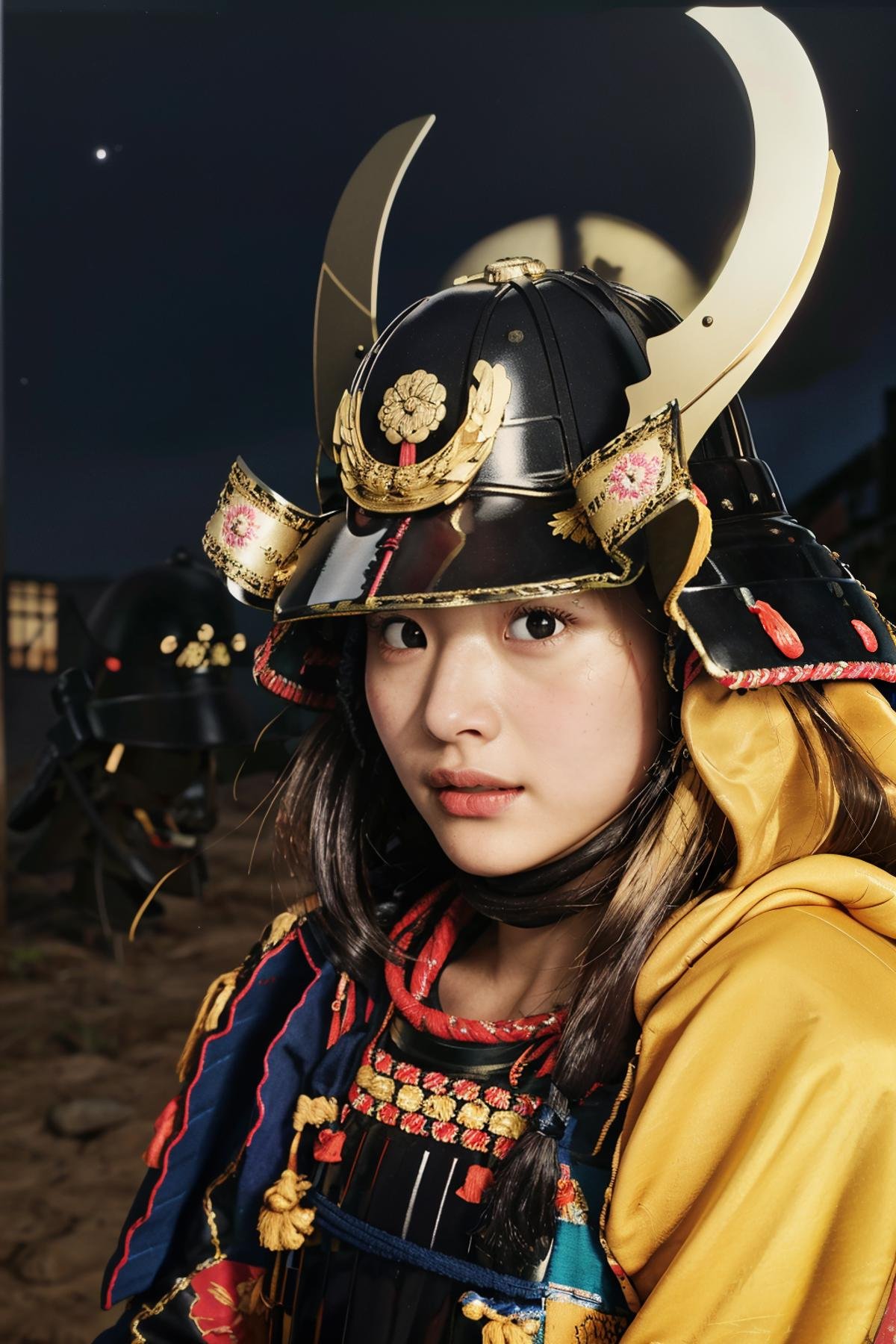 best quality, masterpieces,young girl, dusty face, (pov), close up, half-length portrait,samurai armor, samurai helmet,  gold symbol on helmet,midnight, dark sky, moon, on fire, dark theme, in front of devastated houses, ruins background, heavy shadow, film photography, soft focus, detailed skin, matte skin, soft lighting, subsurface scattering, realistic, <lora:hina_samurai_armor_v14:0.7>