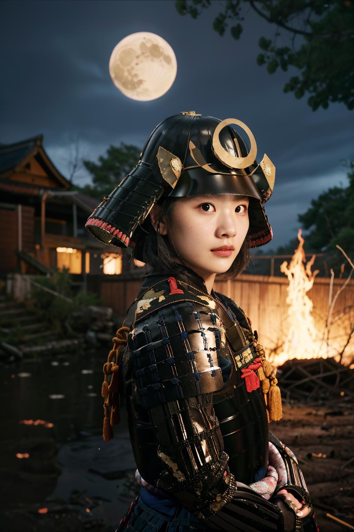 best quality, masterpieces,young girl, face, (pov), half-length portrait,samurai armor, samurai helmet, woven fabric,dark theme, in front of devastated houses, ruins background, midnight, dark sky, moon, on fire,detailed skin, matte skin, soft lighting, subsurface scattering, realistic,heavy shadow, film photography, soft focus,  <lora:hina_samurai_armor_v14:0.7>