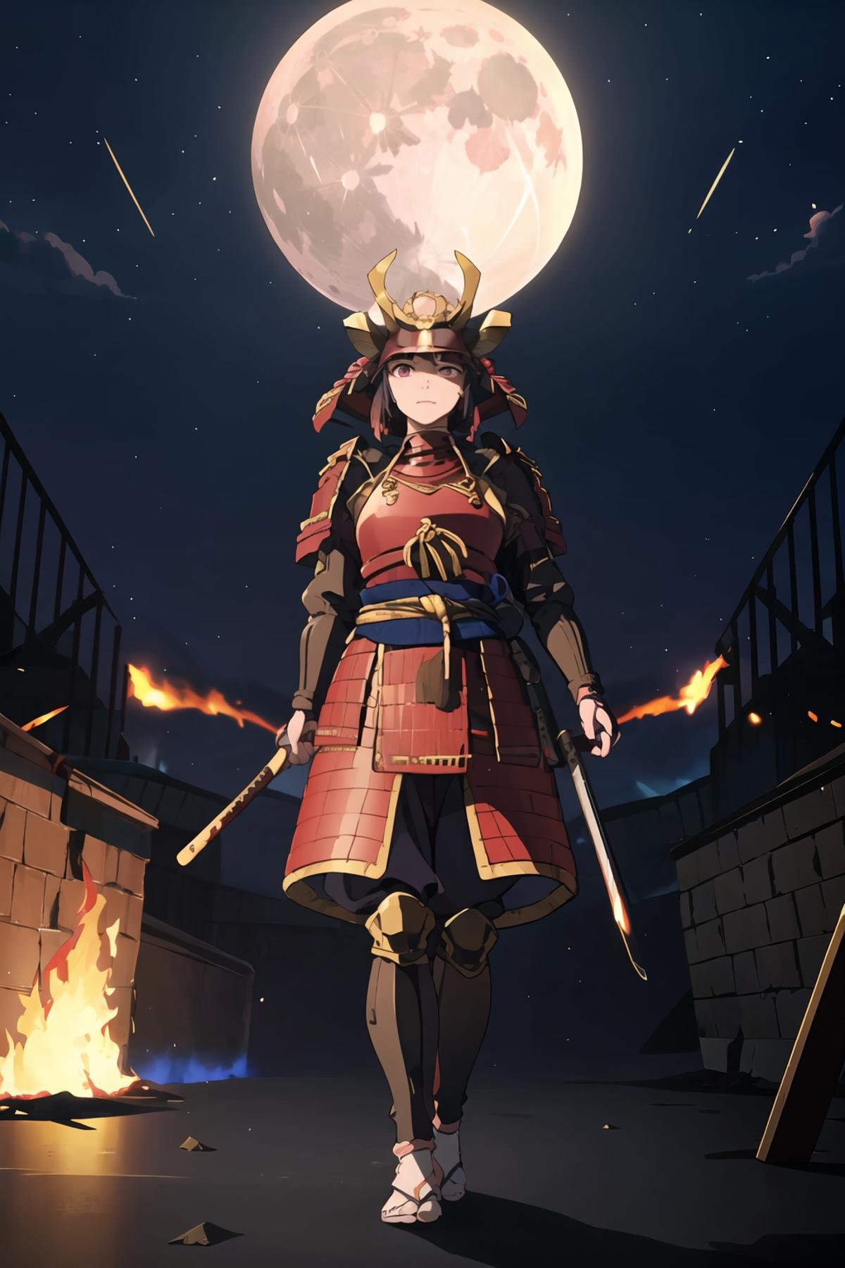 best quality, masterpieces,1girl, face, stare eyes,samurai armor, black samurai, samurai helmet, huge gold and black horns on helmet,midnight, dark sky, moon, background on fire, dark theme, standing in front of devastated houses, ruins background, heavy shadow, soft focus, soft lighting, subsurface scattering,<lora:hina_samurai_armor_v14:0.7> <lora:hinaLovelyGirlLycoris_v10:0.4>