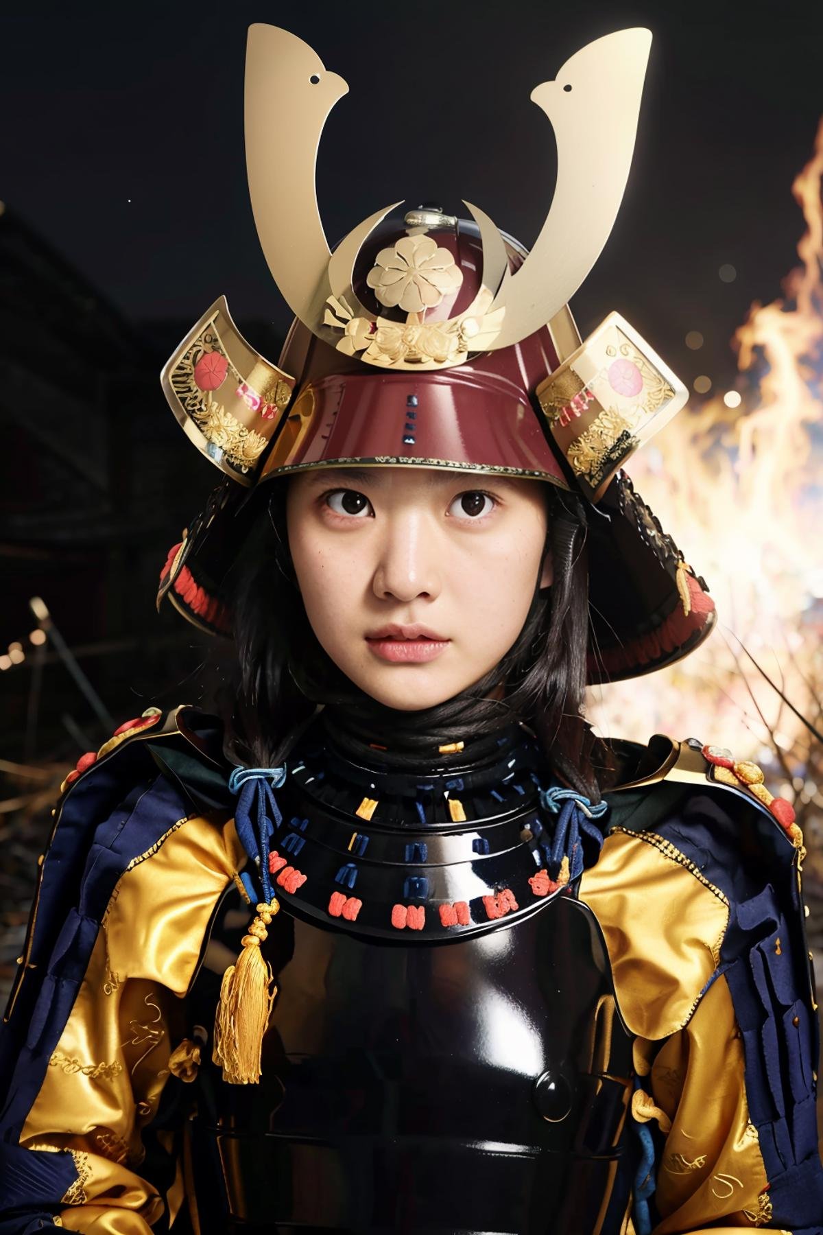 best quality, masterpieces,young girl, angry face, stare eyes, (pov), close up, full-length portrait,samurai armor, samurai helmet, golden symbol on helmet,midnight, dark sky, moon, background on fire, dark theme, in front of devastated houses, ruins background, heavy shadow, film photography, soft focus, detailed skin, matte skin, soft lighting, subsurface scattering, realistic, <lora:hina_samurai_armor_v14:0.7>