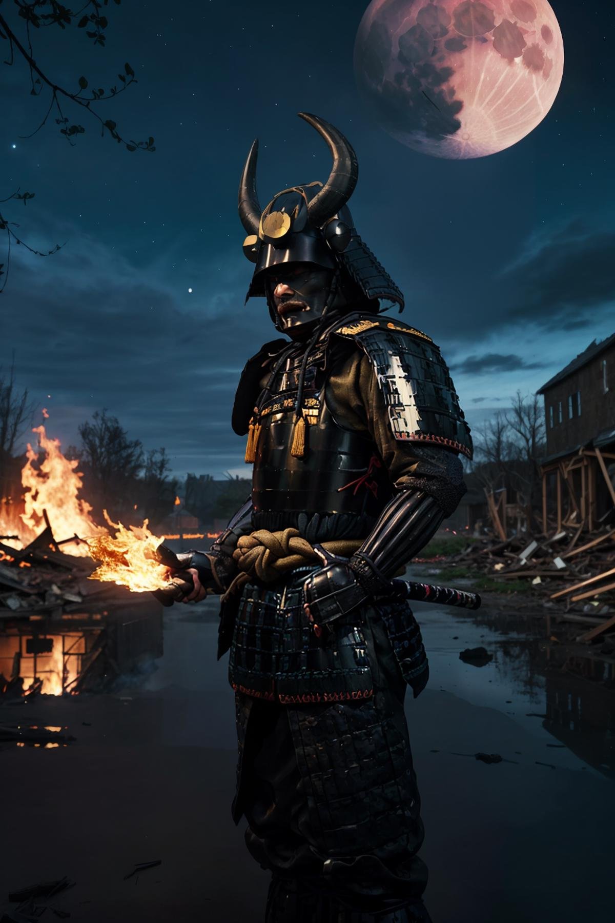 best quality, masterpieces,black menpo face, stare eyes, (pov), samurai armor, black samurai, samurai helmet, huge gold and black horns on helmet,midnight, dark sky, moon, background on fire, dark theme, standing in front of devastated houses, ruins background, heavy shadow, film photography, soft focus, detailed skin, matte skin, soft lighting, subsurface scattering, realistic, <lora:hina_samurai_armor_v14:0.7>