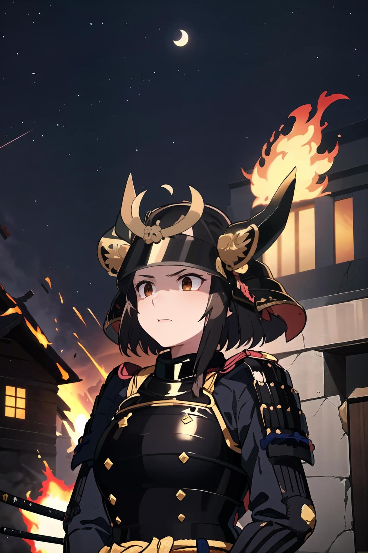 best quality, masterpieces,1girl, half-length portrait,samurai armor, black samurai, samurai helmet, huge gold and black horns on helmet,midnight, dark sky, moon, background on fire, dark theme, in front of devastated houses, ruins background, heavy shadow, soft focus, soft lighting, subsurface scattering,<lora:hina_samurai_armor_v14:0.7> <lora:hinaLovelyGirlLycoris_v10:0.4>