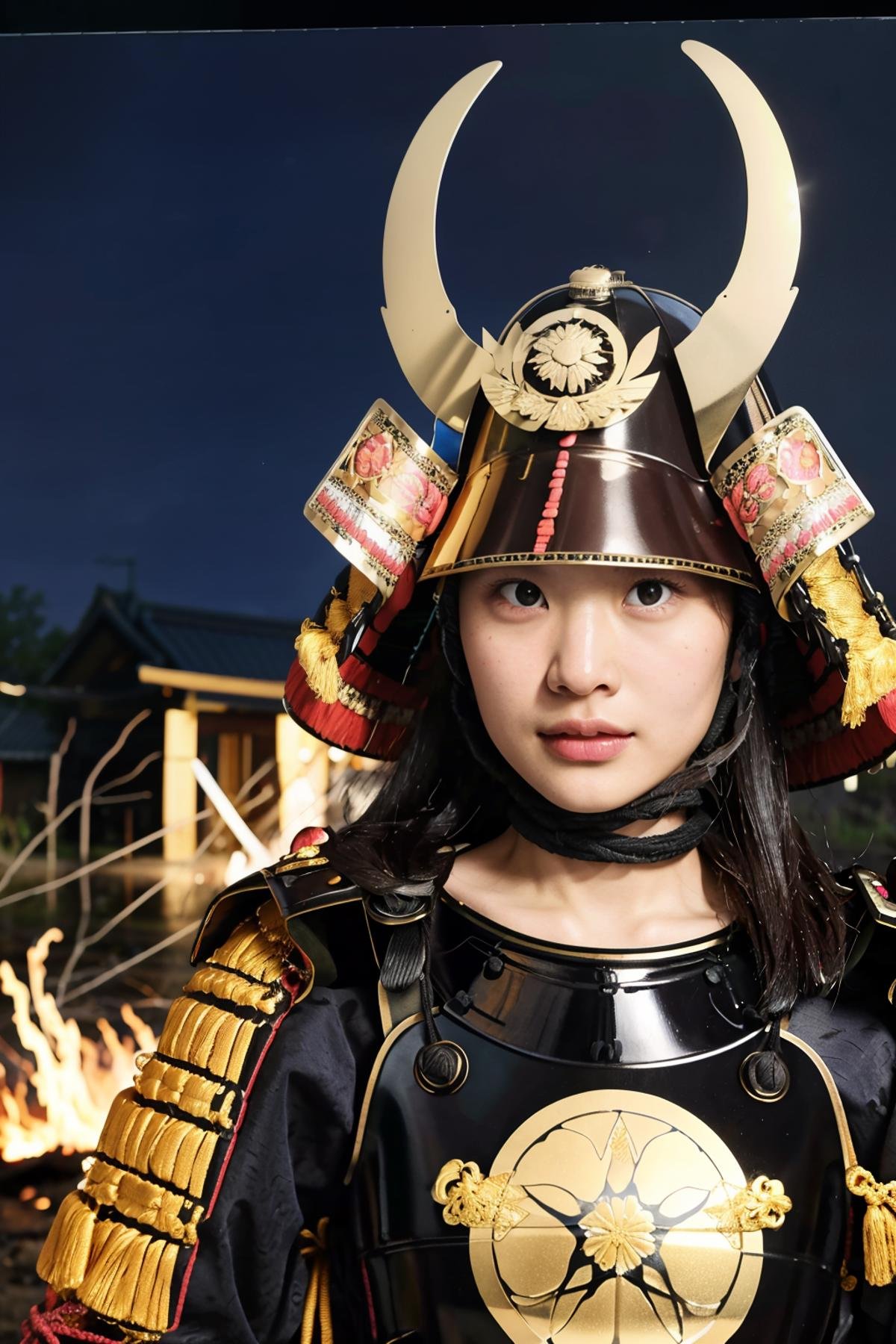 best quality, masterpieces,young girl, face, (pov), close up, half-length portrait,samurai armor, samurai helmet, golden symbol on helmet,midnight, dark sky, moon, on fire, dark theme, in front of devastated houses, ruins background, heavy shadow, film photography, soft focus, detailed skin, matte skin, soft lighting, subsurface scattering, realistic, <lora:hina_samurai_armor_v14:0.7>