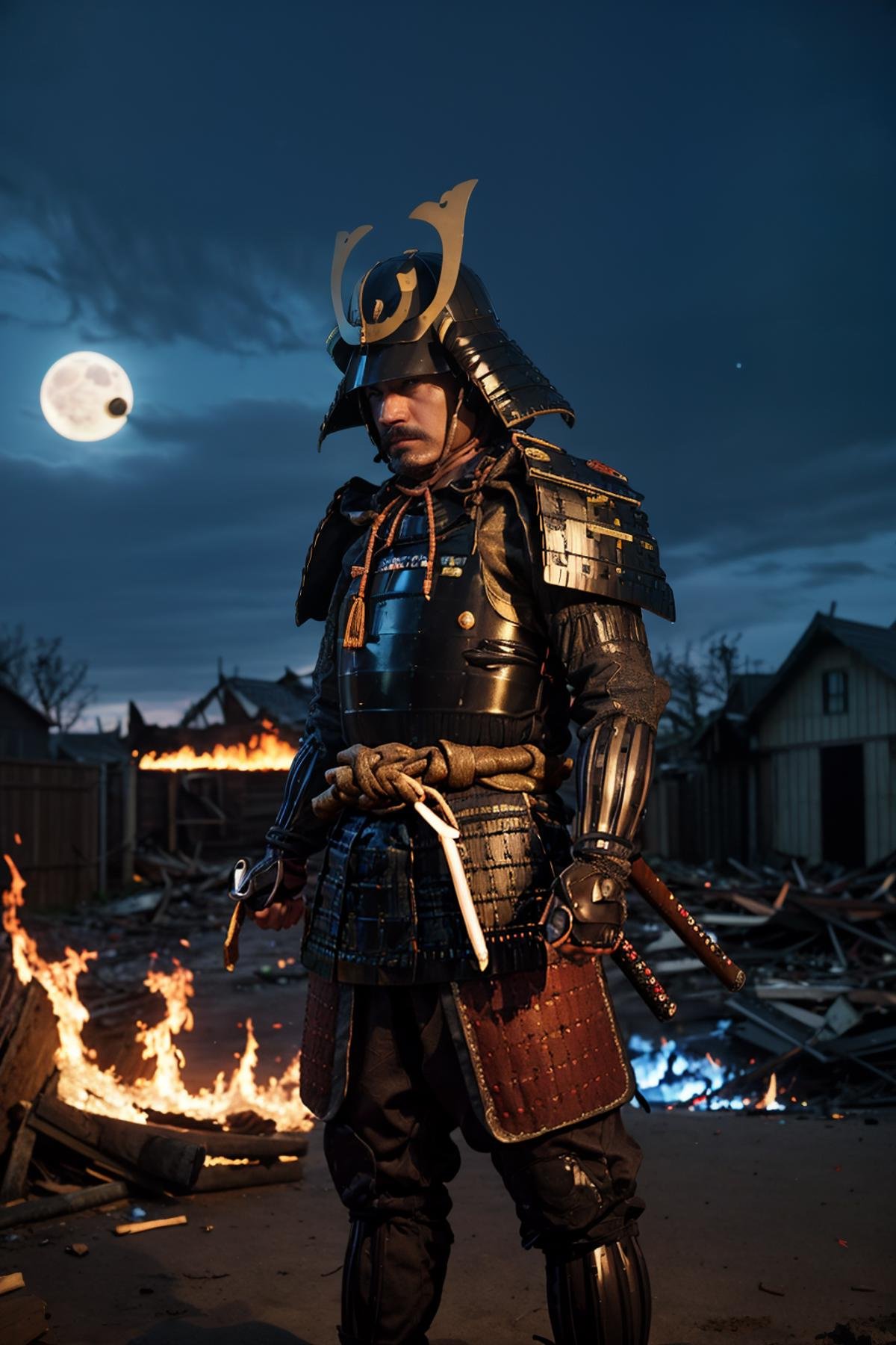 best quality, masterpieces,a man, angry face, stare eyes, (pov), samurai armor, black samurai, black samurai helmet, symbol on helmet,midnight, dark sky, moon, background on fire, dark theme, standing in front of devastated houses, ruins background, heavy shadow, film photography, soft focus, detailed skin, matte skin, soft lighting, subsurface scattering, realistic, <lora:hina_samurai_armor_v14:0.7>