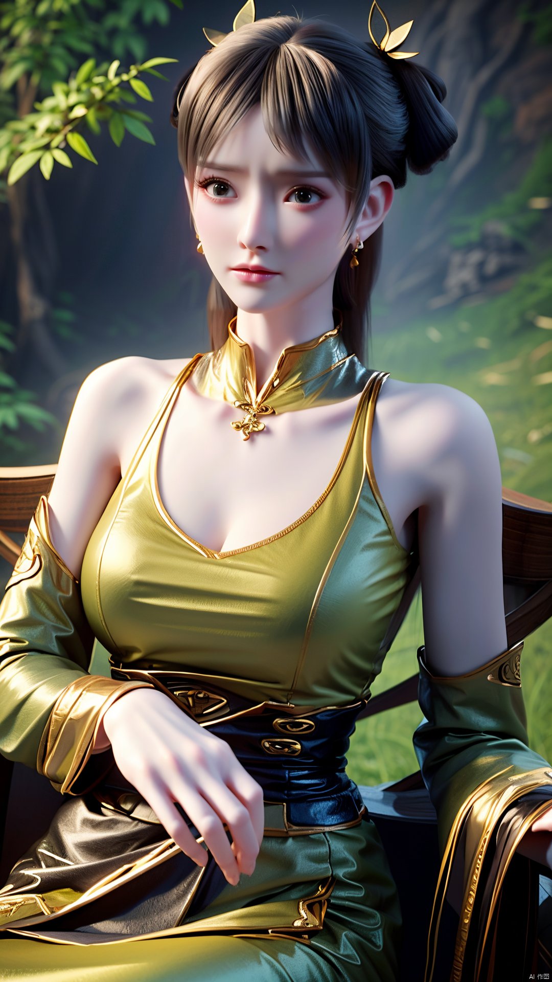 masterpiece,(best quality),official art,(extremely delicate and beautiful),solo,(yellow chinese clothes,yellow dress,bare shoulders,frilled collar,earrings,long sleeves),1girl,solo,black hair,facial mark,forehead mark,hair bun,hair ornament,hair stick,jewelry,long hair,,adfxx,,Xjinpinger,(big breasts:1.39),flowers,Waterfall, lotus, willow, butterfly,Xhanxue