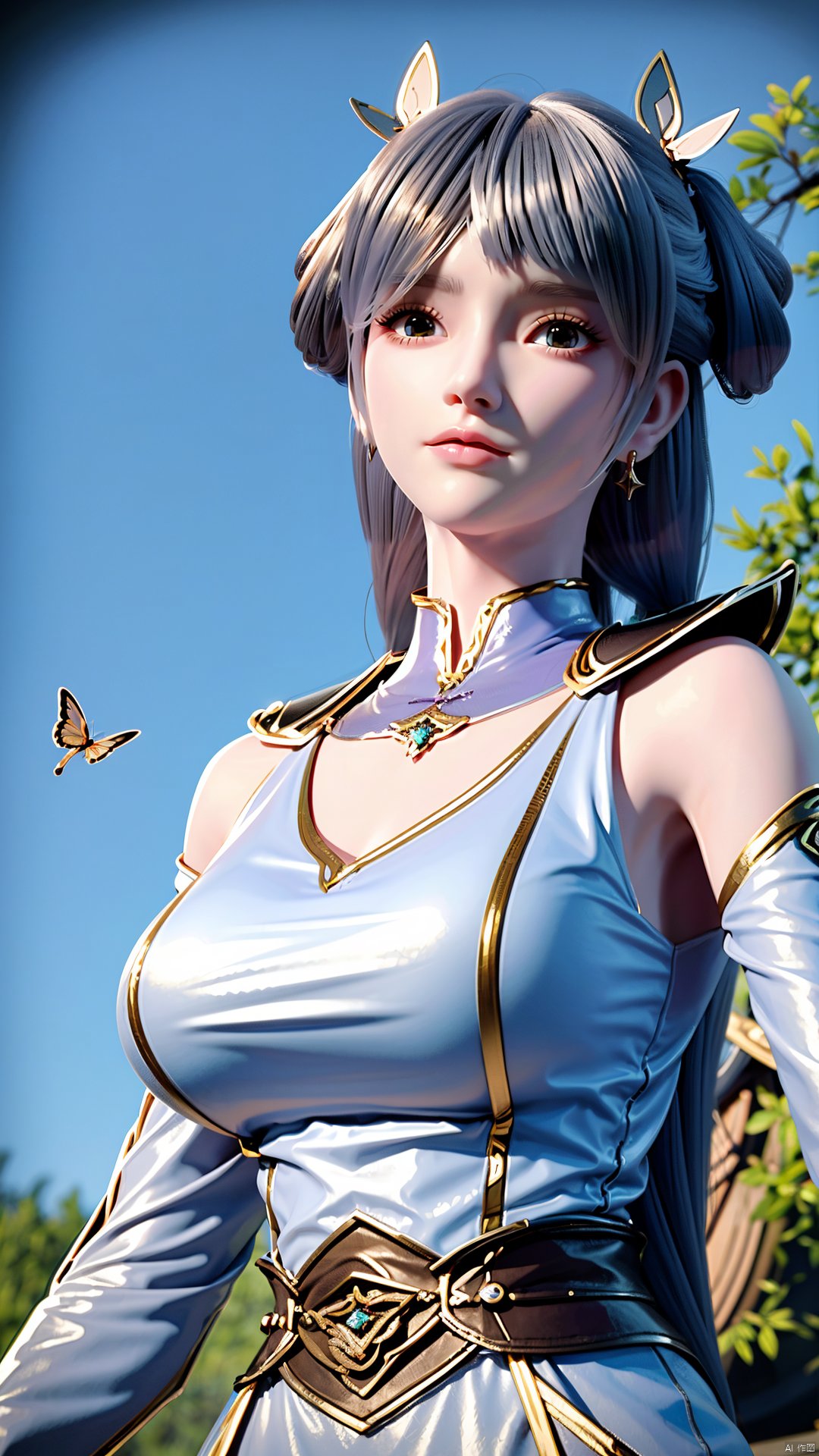 masterpiece,(best quality),official art,(extremely delicate and beautiful),solo,(yellow chinese clothes,yellow dress,bare shoulders,frilled collar,earrings,long sleeves),1girl,solo,black hair,facial mark,forehead mark,hair bun,hair ornament,hair stick,jewelry,long hair,,adfxx,,Xjinpinger,(big breasts:1.39),flowers,Waterfall, lotus, willow, butterfly,Xhanxue