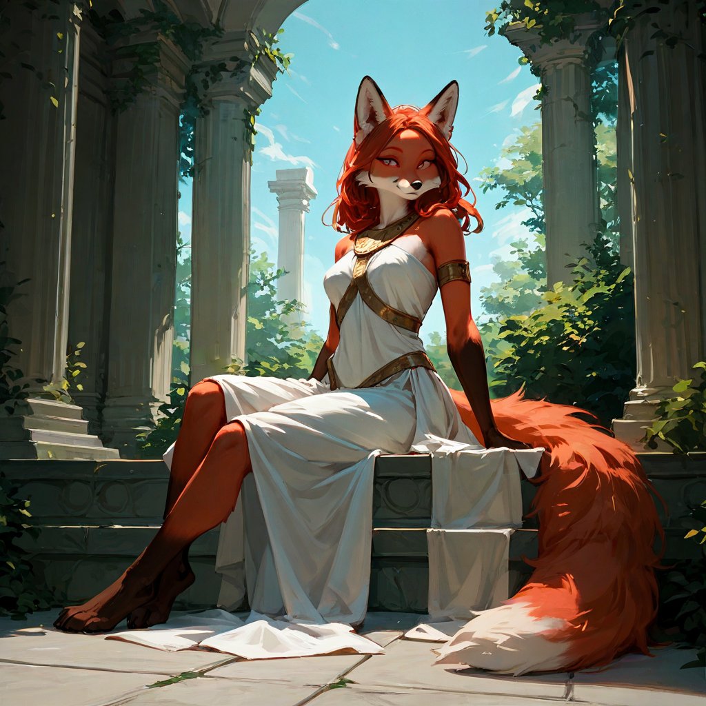 anthropomorphic, red fox, female, (1female:1.4), purple_eyes, medium hair, red_fox fur, white godness robes, greek godness robes, score_9,score_8_up,score_7_up,best quality,very aesthetic,perfect anatomy,masterpiece, sitting, full_body