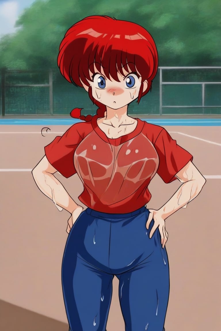 1 girl, ,single braid,,blue eyes,ranma-chan,Red hair,traditional chinese blue pants, traditional chinese red shirt, school sports yard, wet hair, wet clothes, sigh