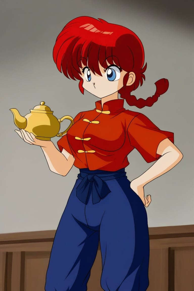 1 girl, ,single braid,,blue eyes,ranma-chan,Red hair,traditional chinese blue pants, traditional chinese red shirt, golden teapot in hand