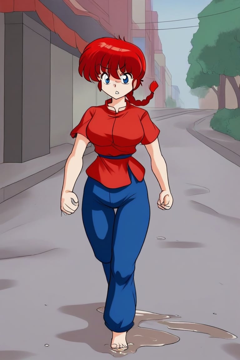 1 girl, ,single braid,,blue eyes,ranma-chan,Red hair,traditional chinese blue pants, traditional chinese red shirt, walking on street, completely wet, piss off