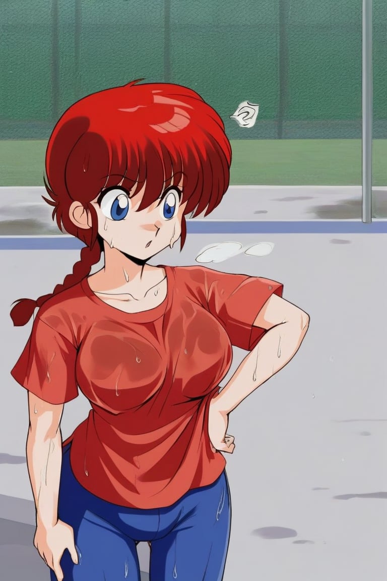 1 girl, ,single braid,,blue eyes,ranma-chan,Red hair,traditional chinese blue pants, traditional chinese red shirt, school sports yard, wet hair, wet clothes, sigh