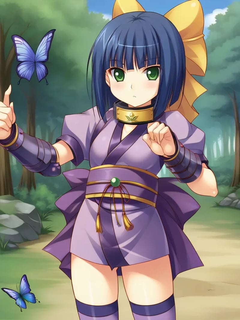 <lora:hazukimokuninpony:1>,1girl, solo, hazukini, short hair, blue hair, green eyes, headband around neck, short kimono, armguards, bow, hair bow, purple thighhighs, bug, butterfly, japanese clothes, ninja, standing, outdoors,