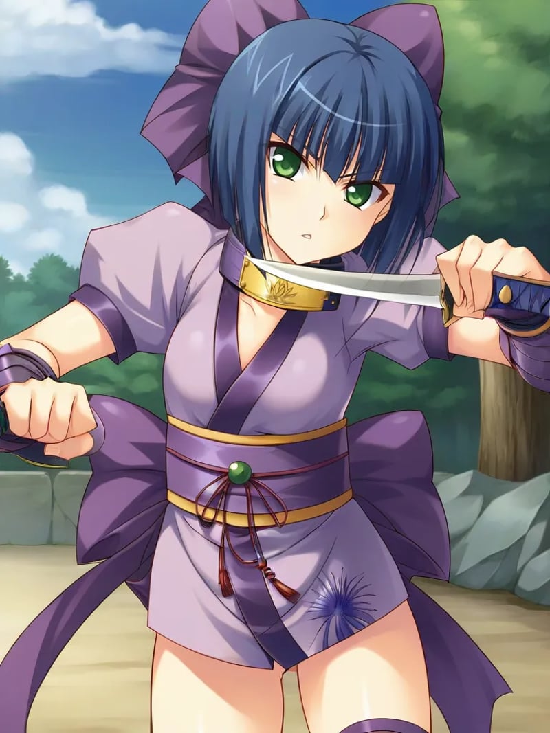 <lora:hazukimokuninpony:1>,1girl, solo, hazukini, short hair, blue hair, green eyes, headband around neck, short kimono, armguards, bow, hair bow, purple thighhighs, japanese clothes, ninja, standing, outdoors, fight stance, holding, weapon, knife, kunai, parted lips, serious