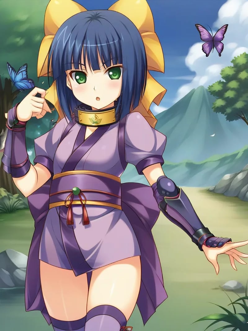 <lora:hazukimokuninpony:1>,1girl, solo, hazukini, short hair, blue hair, green eyes, headband around neck, short kimono, armguards, bow, hair bow, purple thighhighs, bug, butterfly, japanese clothes, ninja, standing, outdoors,