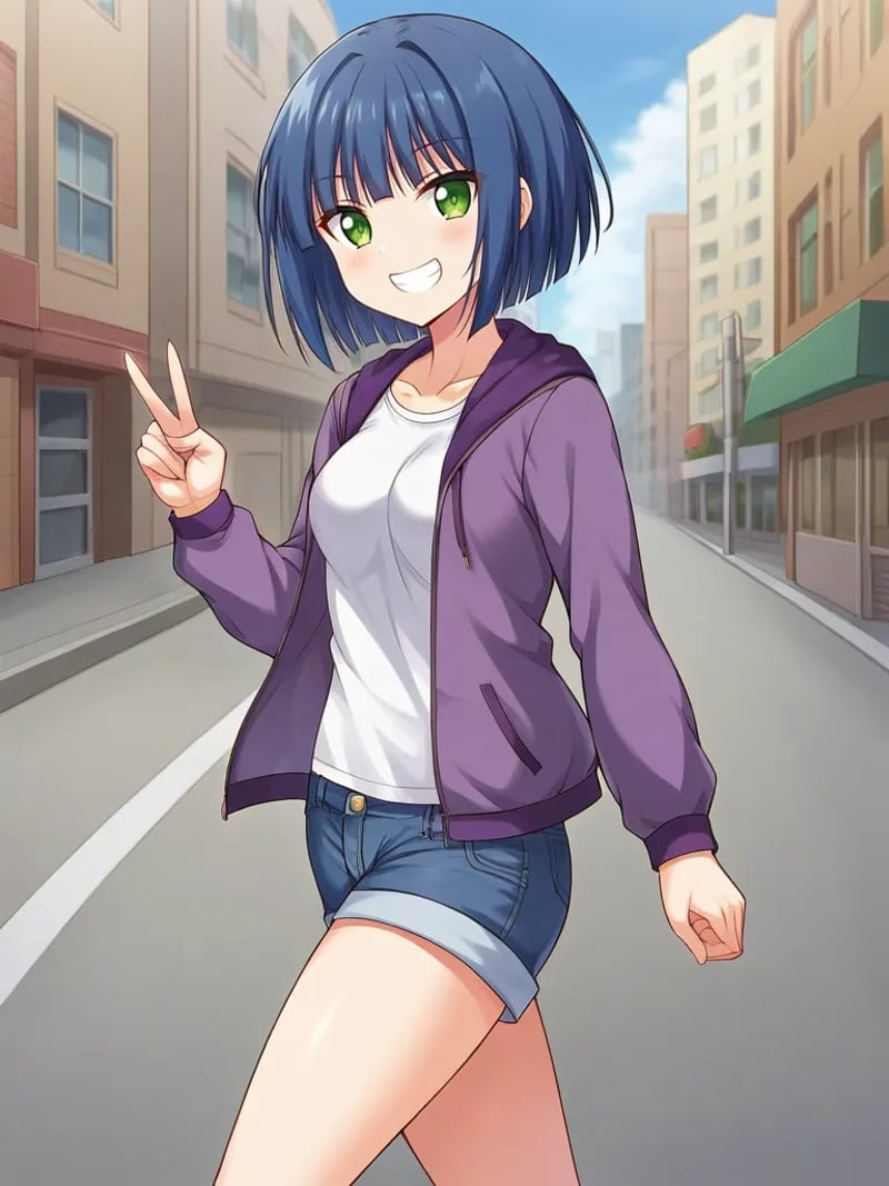 <lora:hazukimokuninpony:1>,1girl, solo, hazukini, short hair, blue hair, green eyes, purple jacket, white shirt, open clothes, denim shorts, outdoors, city, street, grin, walking, peace sign, looking at viewer,