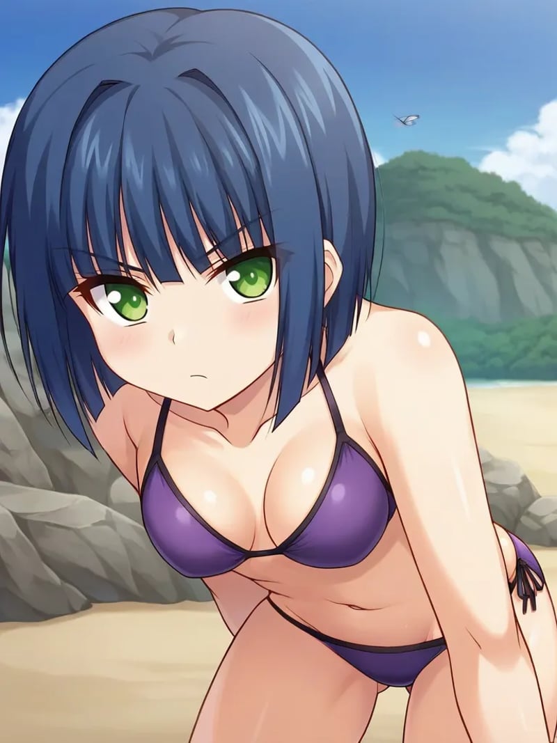 <lora:hazukimokuninpony:1>,1girl, solo, hazukini, short hair, blue hair, green eyes, purple bikini, butterfly theme, outdoors, beach, arms on his, serious