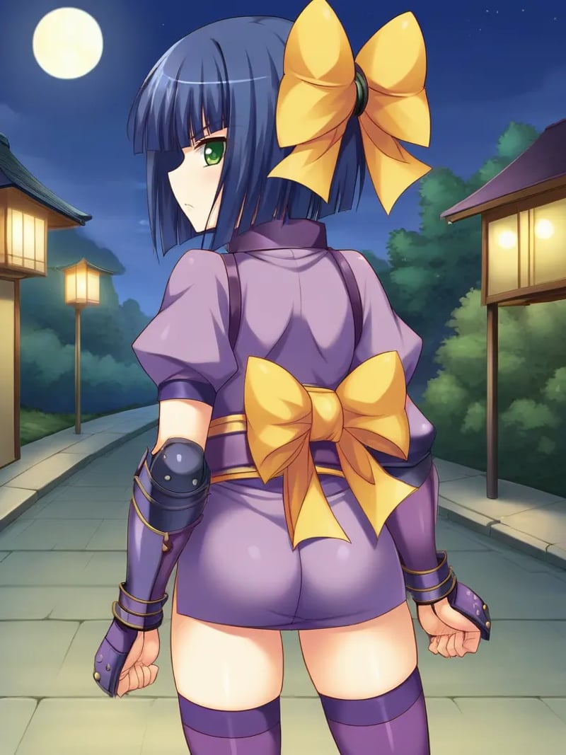 <lora:hazukimokuninpony:1>,1girl, solo, hazukini, short hair, blue hair, green eyes, scarf, short kimono, arm guards, purple bow, yellow bow, hair bow, purple_back_bow, purple thighhighs, japanese clothes, ninja, standing, outdoors, night, path, from behind, serious, looking at viewer,