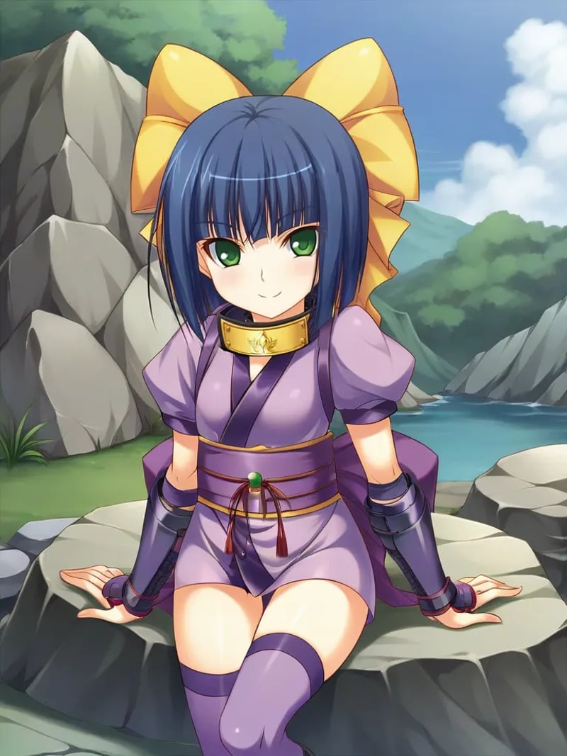 <lora:hazukimokuninpony:1>,1girl, solo, hazukini, short hair, blue hair, green eyes, headband around neck, short kimono, armguards, bow, hair bow, purple thighhighs, japanese clothes, ninja, standing, outdoors, sitting, rock, looking at viewer, smile