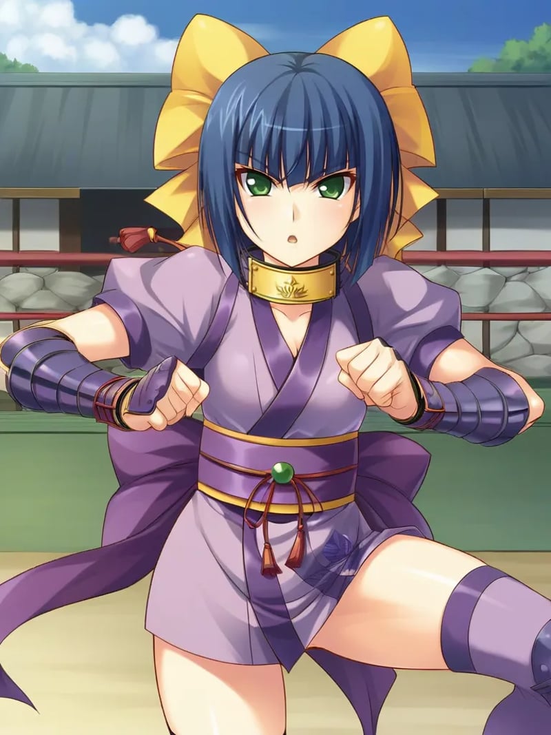 <lora:hazukimokuninpony:1>,1girl, solo, hazukini, short hair, blue hair, green eyes, headband around neck, short kimono, armguards, bow, hair bow, purple thighhighs, japanese clothes, ninja, standing, outdoors, fight stance, holding, kunai, parted lips, serious