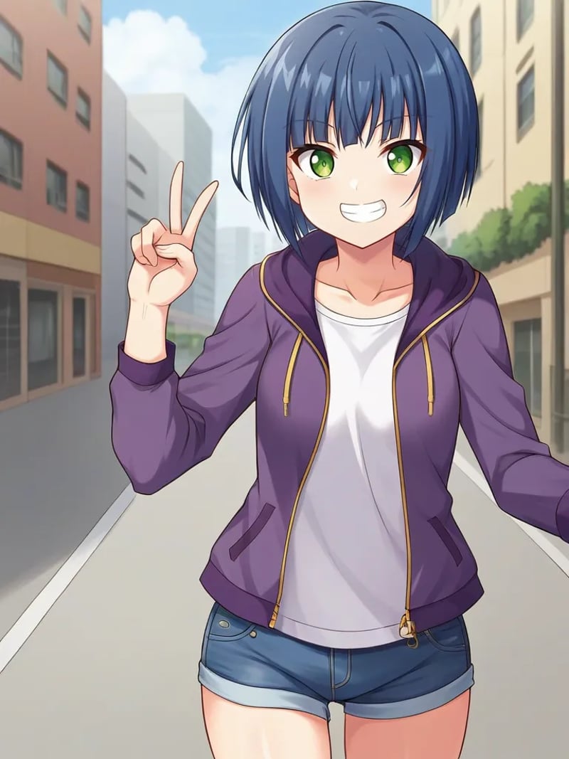 <lora:hazukimokuninpony:1>,1girl, solo, hazukini, short hair, blue hair, green eyes, purple jacket, white shirt, open clothes, denim shorts, outdoors, city, street, grin, walking, peace sign, looking at viewer,