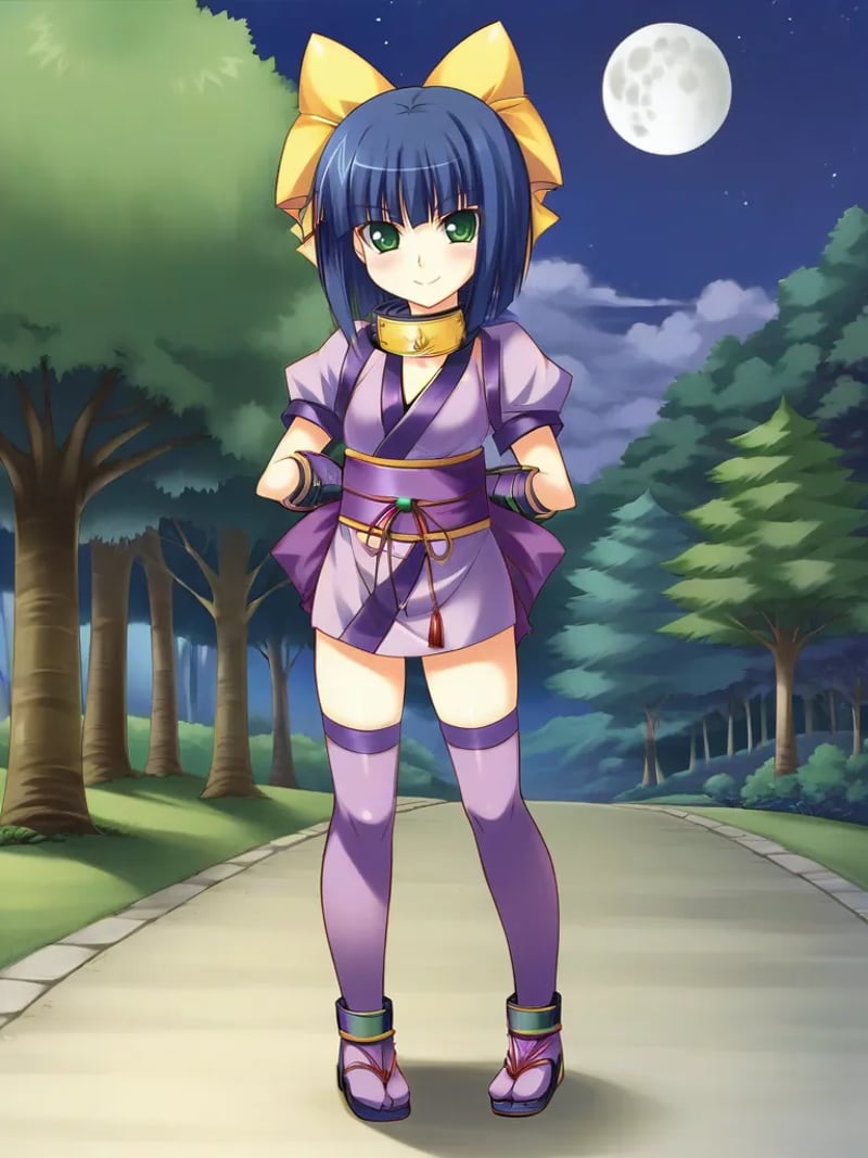 <lora:hazukimokuninpony:1>,1girl, solo, hazukini, short hair, blue hair, green eyes, headband around neck, short kimono, armguards, bow, hair bow, purple thighhighs, japanese clothes, ninja, standing, outdoors, night, arms crossed, full body, smile, trees, path, moon,