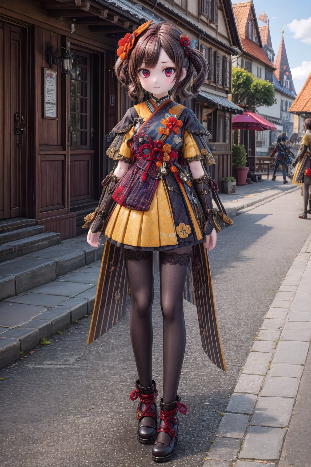 Chiori_Impact, outdoor, full_body, stands in Mondstadt, shows me your swords,