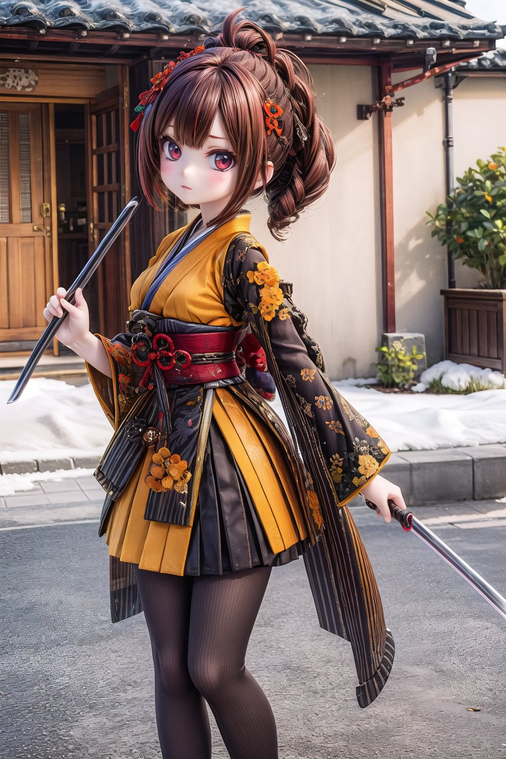 Chiori_Impact, outdoor, 1girl, solo, is located near Mondstadt, shows me your katana, holding katana in right hand and holding katana in left hand, chiori style, backside, show me your holding katanas,