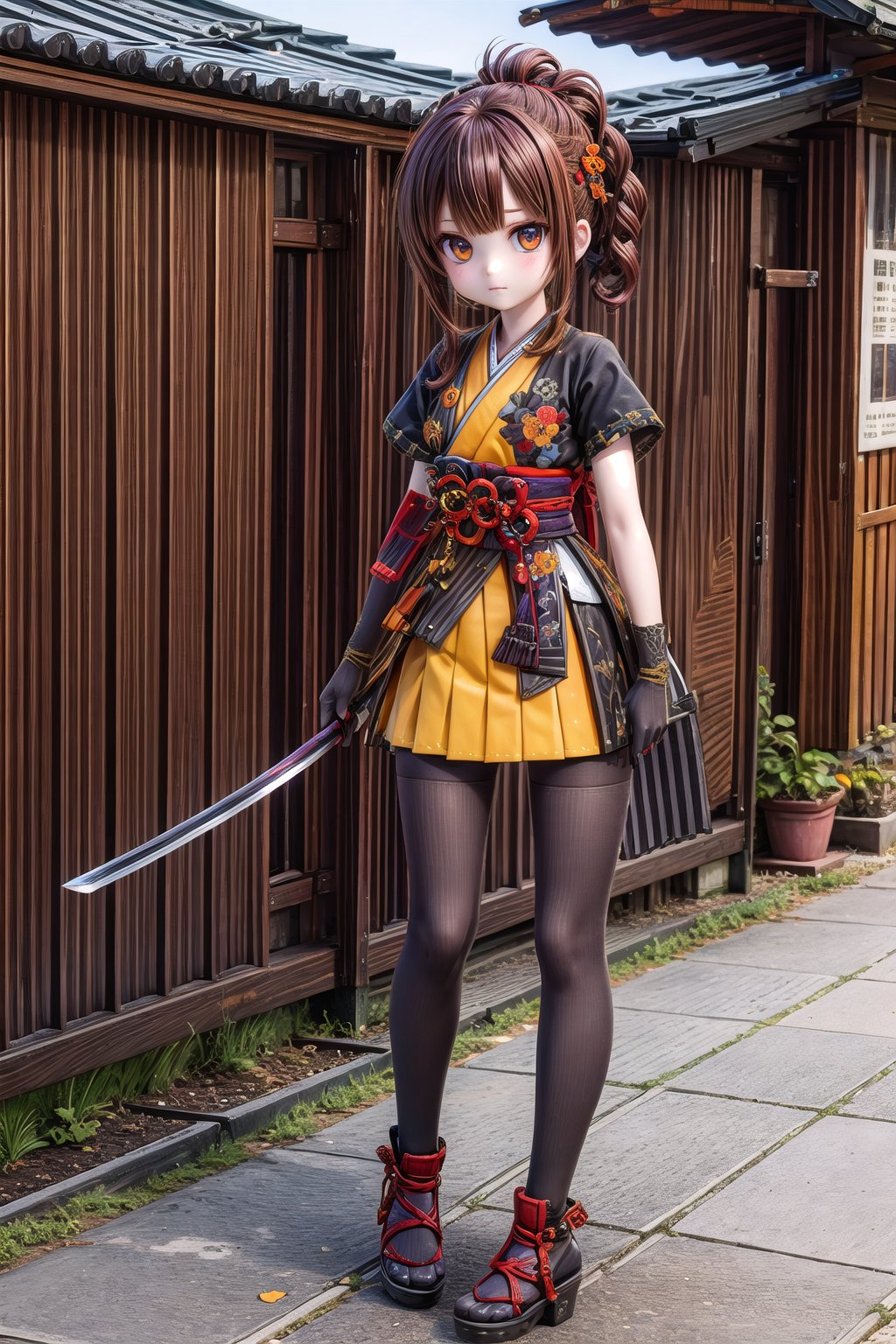 Chiori_Impact, outdoor, 1girl, solo, is located near Inazuma, shows me your katana, holding katana in right hand and holding katana in left hand, bangs,