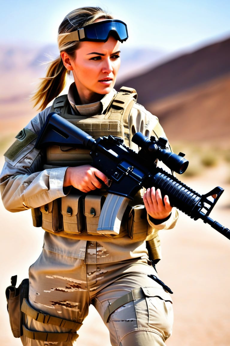 Female soldier, in combat, desert warfare, (((realistic assault rifle)))