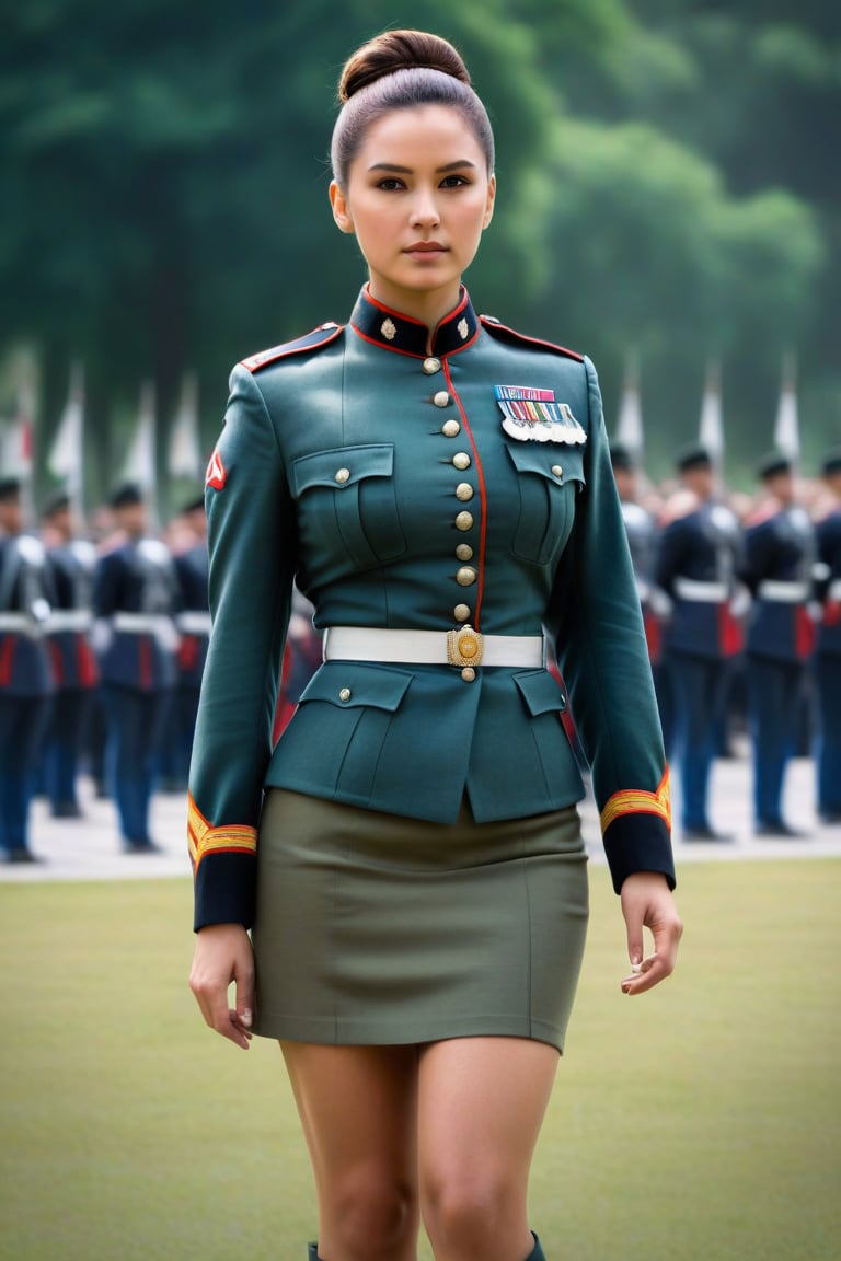 Full body, (((parsde grounds))), Female soldier, in green dress uniform: regulation army knee-length pencil skirt, army shirt, hair in perfect bun, Perfect brown eyes,(((Photorealistic:1.4))),Female warrior,(((Petite))),Extremely Realistic,Perfect brown eyes , backdrop is parade ground at the barracks, 