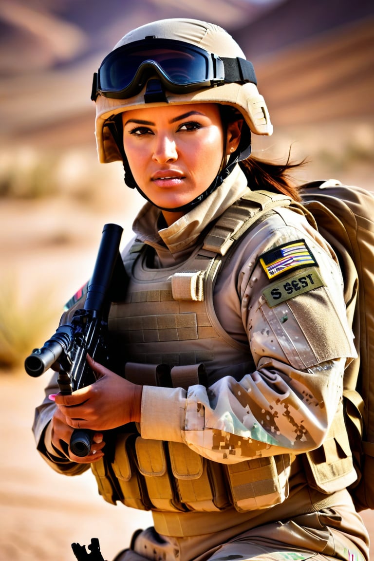 Female soldier, in combat, desert warfare