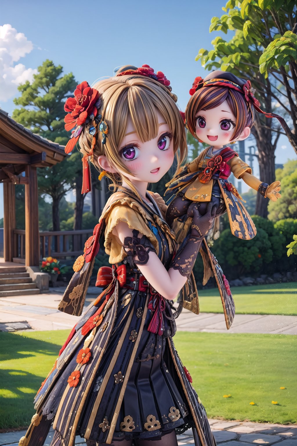 Chiori_Impact, outdoor, 1girl, show me your puppet, holding your puppet,