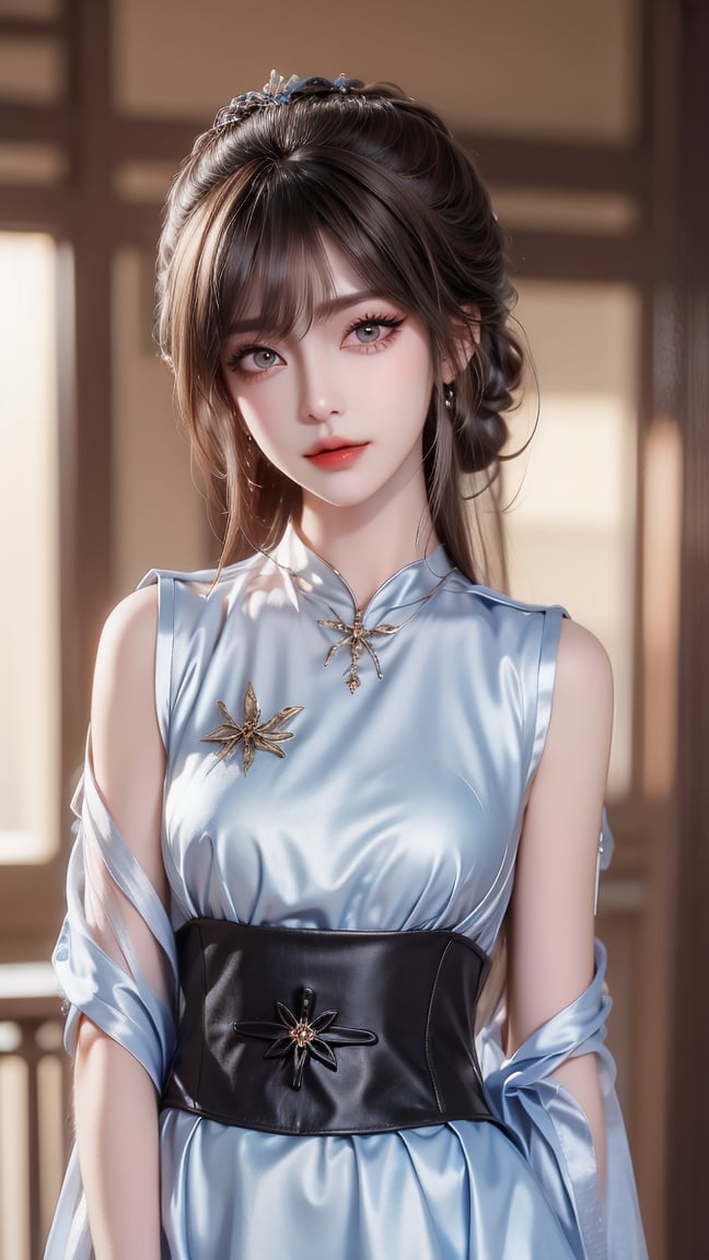 1 Japanese girl, (dark red hair), (messy short hair), (short hair below the ears), (bangs), (medium chest), (ancient Chinese silk clothes), silver earrings, silver necklace, silver bracelet ,