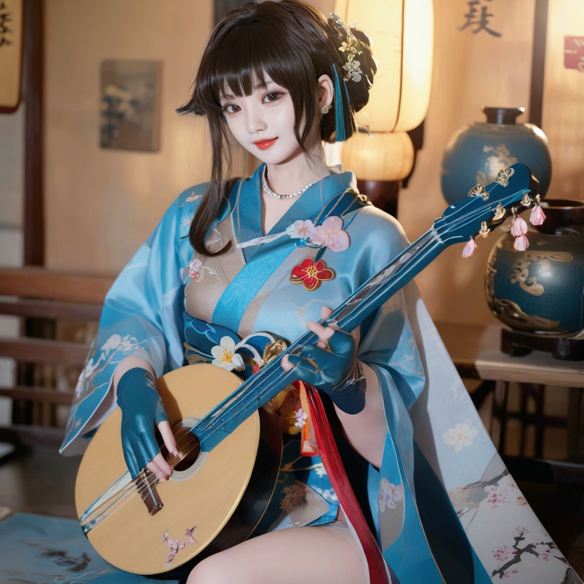 masterpiece,xinglan,1girl, 22 years old,solo, jewelry, brown hair, looking at viewer, pillow, hair ornament, earrings, brown eyes, realistic, japanese clothes, kimono, indoors, red lips, hair stick, upper body,playing guitar,