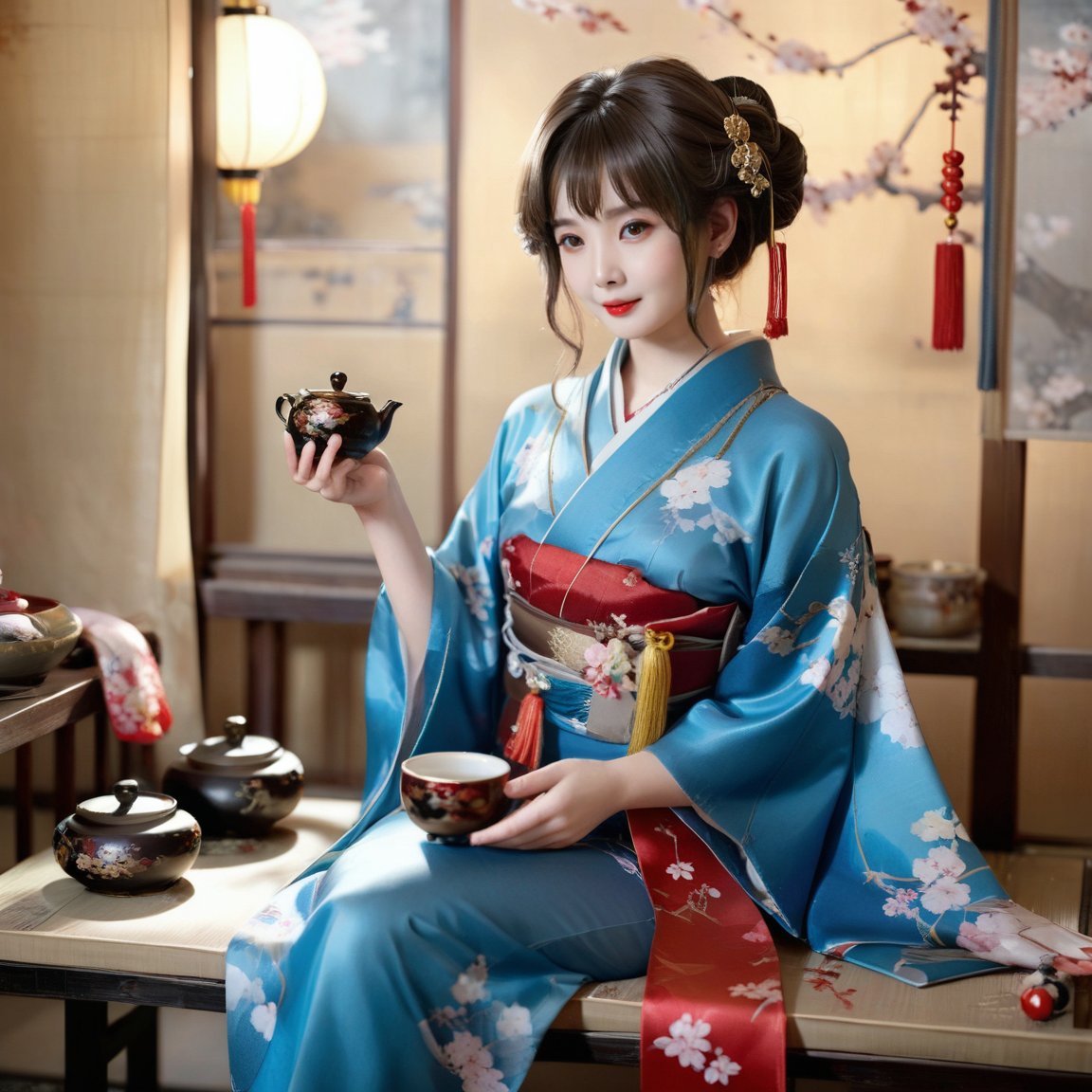 masterpiece,xinglan,1girl, 22 years old,solo, jewelry, brown hair, looking at viewer, pillow, hair ornament, earrings, brown eyes, realistic, japanese clothes, kimono, indoors, red lips, hair stick, upper body,drinking tea,more detail XL