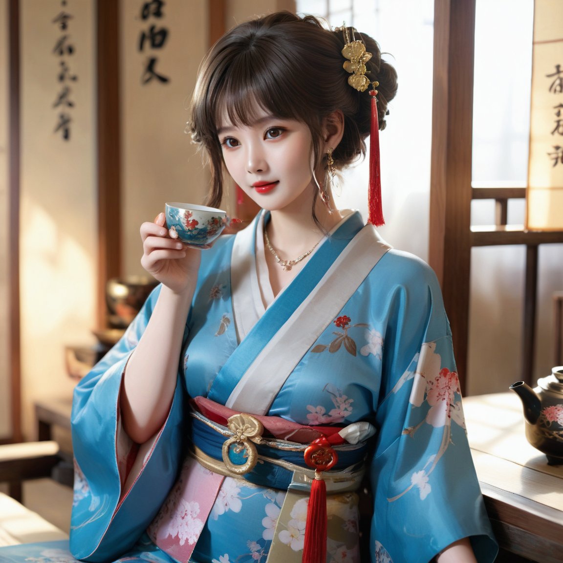 masterpiece,xinglan,1girl, 22 years old,solo, jewelry, brown hair, looking at viewer, pillow, hair ornament, earrings, brown eyes, realistic, japanese clothes, kimono, indoors, red lips, hair stick, upper body,drinking tea,more detail XL