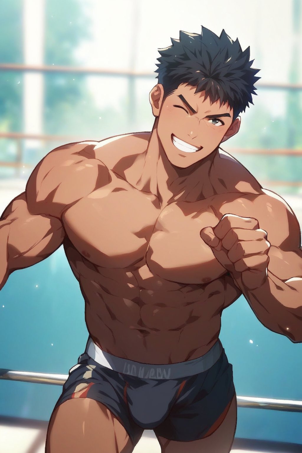 score_9, score_8_up, score_7_up, score_6_up, score_5_up, score_4_up, masterpiece, best quality, lots of details, dynamic pose, BREAK, black hair, black speedos, lean male, gay, yaoi, bara, homo, handsome, shaded, detailed shading, detailed skin, shaded skin, realistic shading, perfect hands, perfect anatomy, countershading:1.1, looking at viewer, close-up shot, shirtless, smirk, wink