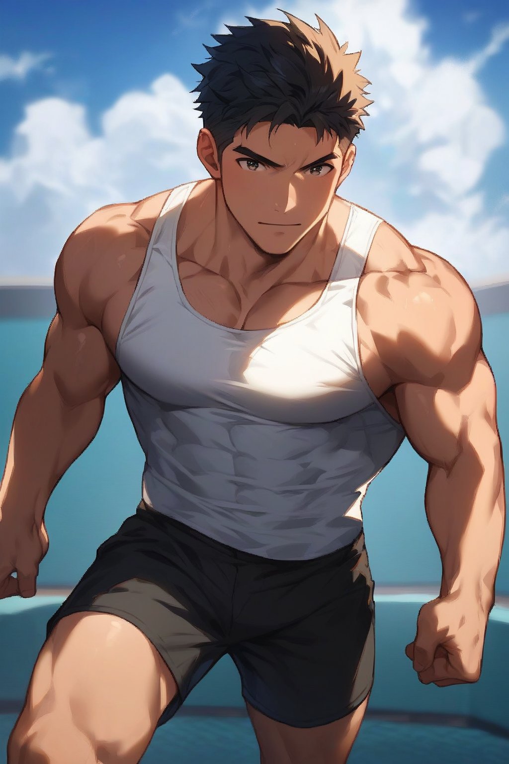 score_9, score_8_up, score_7_up, score_6_up, score_5_up, score_4_up, masterpiece, best quality, lots of details, dynamic pose, BREAK, black hair, white tank top, black shorts, lean male, gay, yaoi, bara, homo, handsome, shaded, detailed shading, detailed skin, shaded skin, realistic shading, perfect hands, perfect anatomy, countershading:1.1, looking at viewer, close-up shot, cowboy shot