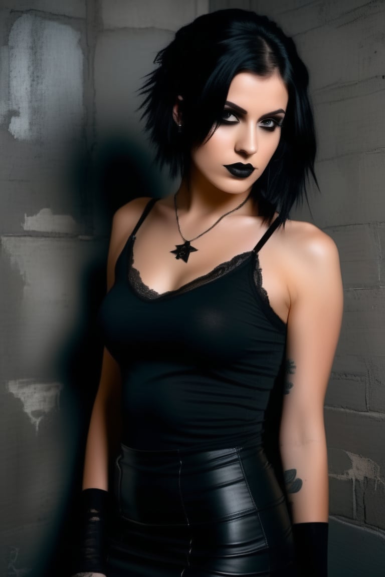 A moody studio setting bathes in warm lighting with subtle grain and texture, highlighting the goth woman's porcelain skin and raven hair against a distressed concrete wall. Her piercing eyes lock onto the camera, expression enigmatic, as she confidently stands before the dark backdrop. The tight tank top showcases her physique, emphasizing her navel piercing. A diagonal line formed by her body guides the viewer's gaze to her captivating expression, while the short pencil skirt and black stockings add a touch of sophistication.