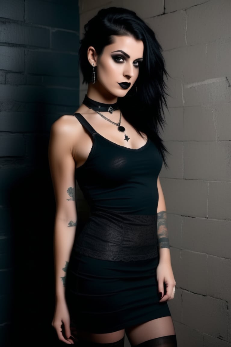 A moody studio setting bathes in warm lighting with subtle grain and texture, highlighting the goth woman's porcelain skin and raven hair against a distressed concrete wall. Her piercing eyes lock onto the camera, expression enigmatic, as she confidently stands before the dark backdrop. The tight tank top showcases her physique, emphasizing her navel piercing. A diagonal line formed by her body guides the viewer's gaze to her captivating expression, while the short pencil skirt and black stockings add a touch of sophistication.