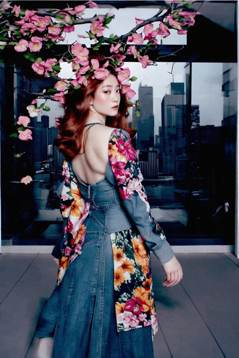 colorful flower on background forming a text that say "FASHION_SD3" , in foreground there is a professional Japanese model posing in a studio setting, with a bold and confident expression. She wears a fashionable dress, navel exposed, that accentuates her toned physique, paired with high-waisted jeans that create a striking contrast between the dark fabric and her smooth skin. The lighting is soft and flattering, with a subtle golden tone that highlights her features. In the background, a sleek black cityscape or modern architecture can be seen through a large window, subtly suggesting a metropolitan setting.