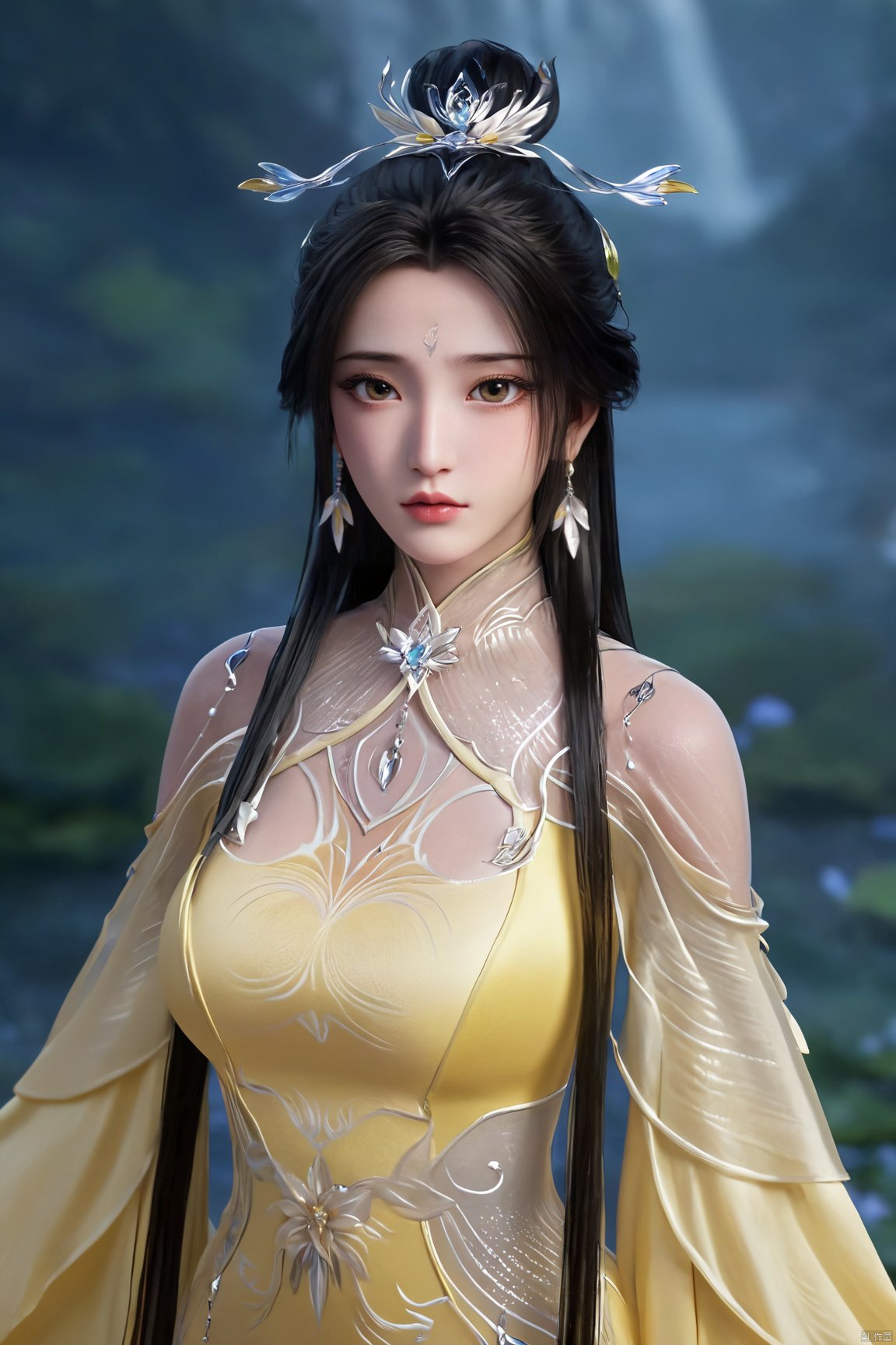 masterpiece,(best quality),official art,(extremely delicate and beautiful),solo,(yellow chinese clothes,yellow dress,bare shoulders,frilled collar,earrings,long sleeves),1girl,solo,black hair,facial mark,forehead mark,hair bun,hair ornament,hair stick,jewelry,long hair,,adfxx,,Xluxueqi,(big breasts:1.59),(flowers,Waterfall, lotus, willow, butterfly:1.23),Water_butterfly, X-Hydrangea