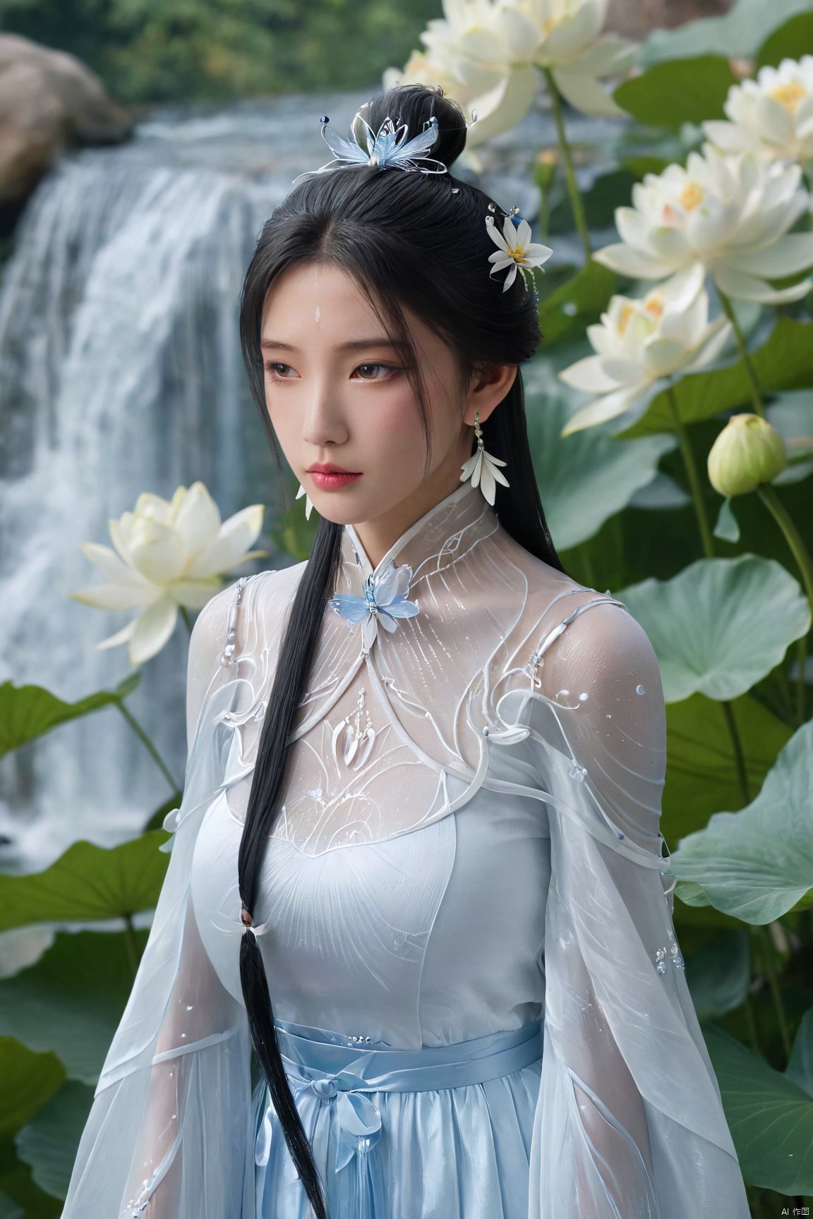 masterpiece,(best quality),official art,(extremely delicate and beautiful),solo,(chinese clothes,long dress,bare shoulders,frilled collar,earrings,long sleeves),1girl,solo,black hair,facial mark,forehead mark,hair bun,hair ornament,hair stick,jewelry,long hair,,Xluxueqi,(big breasts:1.79),(flowers,Waterfall, lotus, willow, butterfly:1.23),Water_butterfly, X-Hydrangea